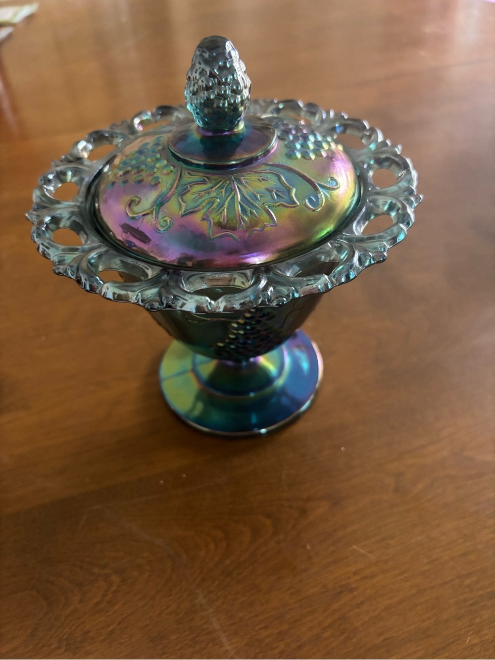 Vintage Indiana Glass Blue Iridescent Dish In “Harvest Grape” Pattern